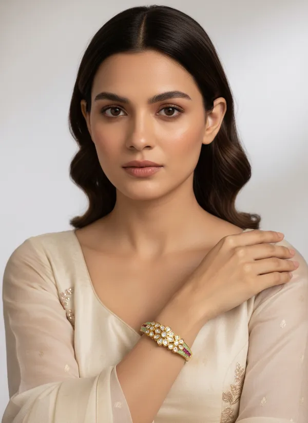 Gold_Exquisite_Kundan_Floral_And_Mint_Enamel_Bangle_With_Ruby_Accents