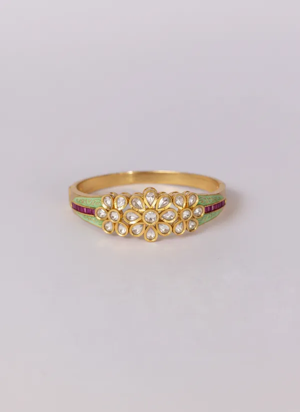 Gold_Exquisite_Kundan_Floral_And_Mint_Enamel_Bangle_With_Ruby_Accents