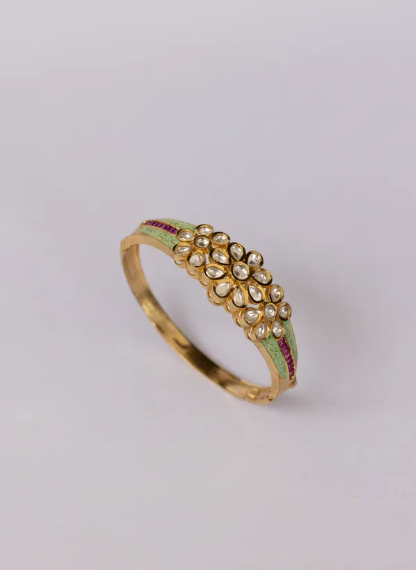 Gold_Exquisite_Kundan_Floral_And_Mint_Enamel_Bangle_With_Ruby_Accents