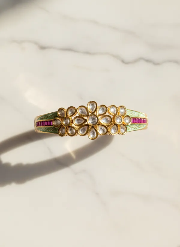 Gold_Exquisite_Kundan_Floral_And_Mint_Enamel_Bangle_With_Ruby_Accents