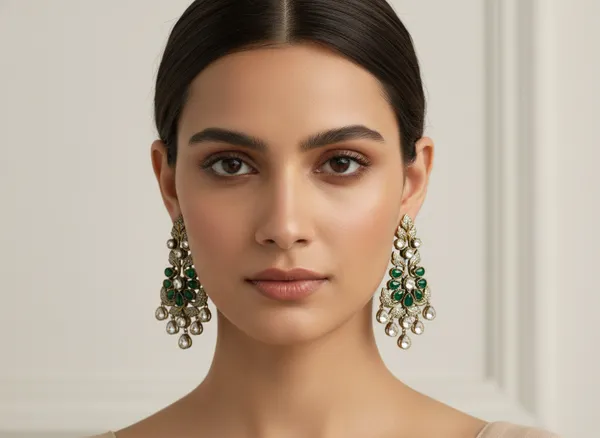 Emerald_Elegance_Ornate_Gold_Tone_Foliage_Drop_Earrings