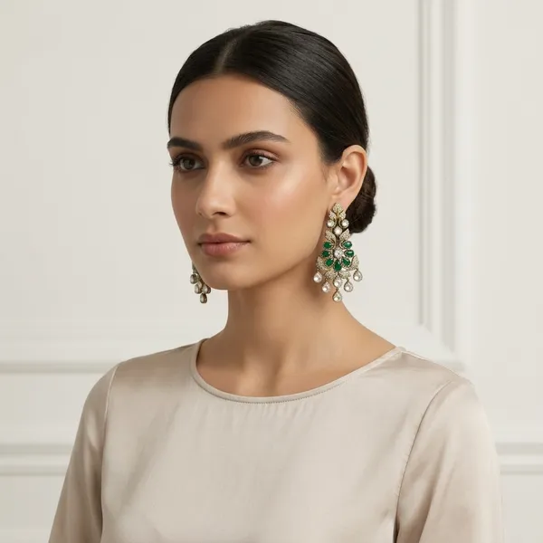 Emerald_Elegance_Ornate_Gold_Tone_Foliage_Drop_Earrings