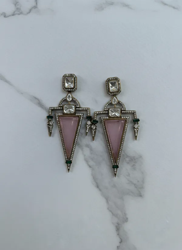 Art_Deco_Inspired_Rose_Quartz_And_Emerald_Statement_Danglers