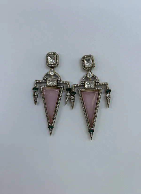 Art_Deco_Inspired_Rose_Quartz_And_Emerald_Statement_Danglers