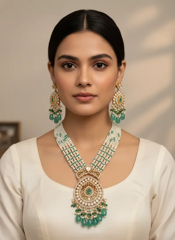 Regal_Multi_Strand_Pearl_And_Emerald_Kundan_Pendant_Set