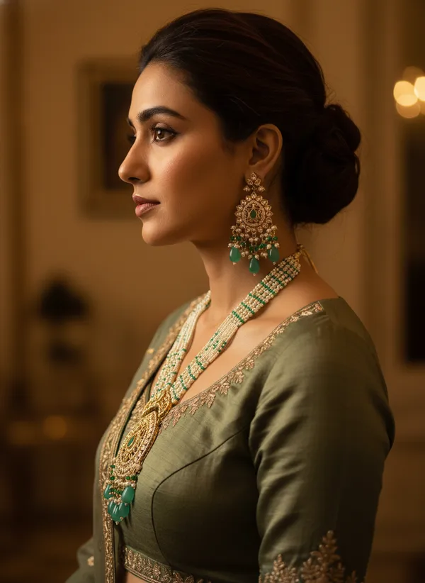 Regal_Multi_Strand_Pearl_And_Emerald_Kundan_Pendant_Set