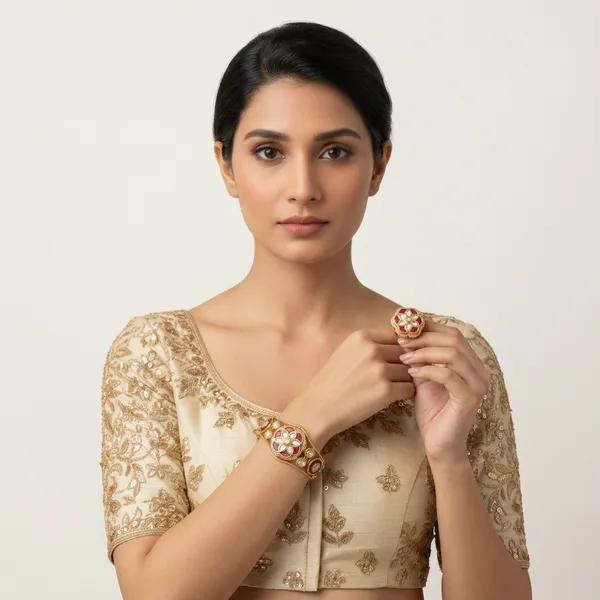 Gold_And_Red_Regal_Kundan_Tourmaline_Floral_Bangle