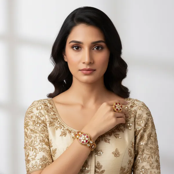 Gold_And_Red_Regal_Kundan_Tourmaline_Floral_Bangle