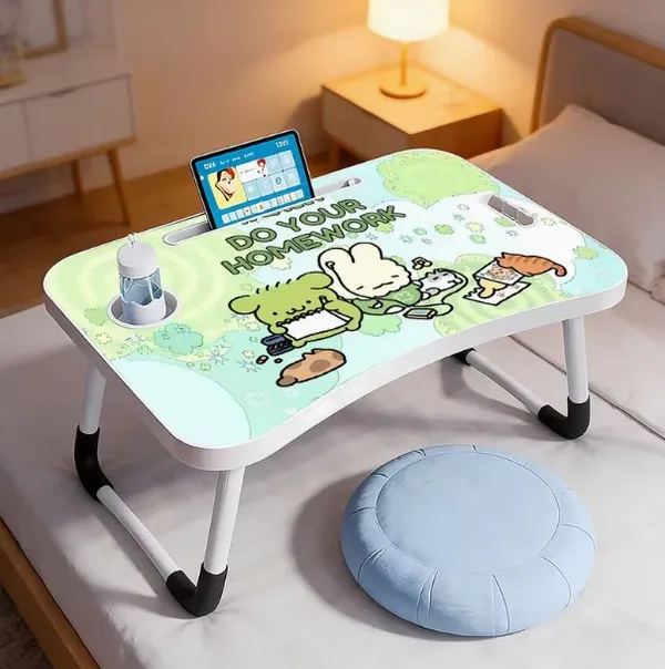 Foldable_Laptop_Bed_Table_With_Cup_Holder_And_Tablet_Slot_-_Study_Desk_For_Bed_And_Floor_(Green_Cartoon_Design)