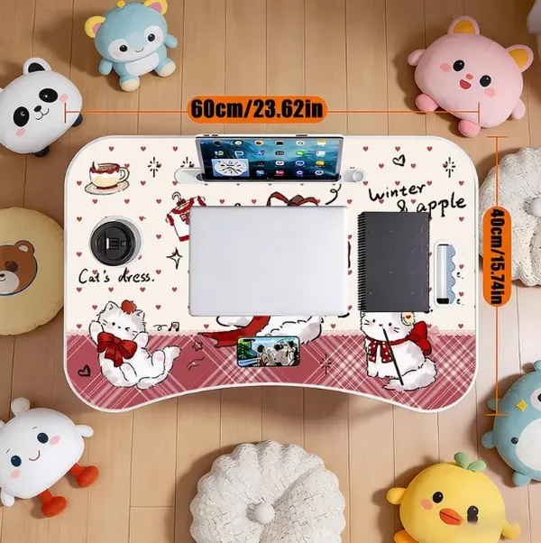 Foldable_Laptop_Bed_Table_With_Cup_Holder_And_Tablet_Slot_-_Cat_Dress_Theme_Design