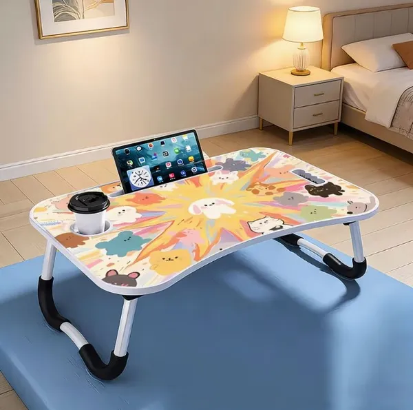 Portable_Foldable_Laptop_Bed_Table_With_Cup_Holder_And_Tablet_Slot_-_Cute_Animal_Print_Design