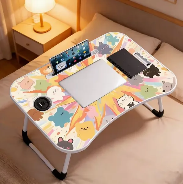 Portable_Foldable_Laptop_Bed_Table_With_Cup_Holder_And_Tablet_Slot_-_Cute_Animal_Print_Design