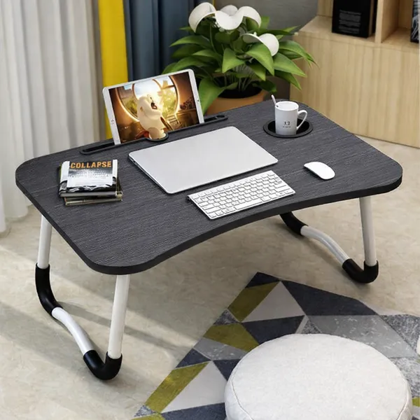 Portable_Laptop_Table_With_Foldable_Legs_And_Cup_Holder_(Black_Wood_Grain)