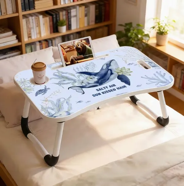 Portable_Lap_Desk_With_Foldable_Legs_-_Ocean_Theme_Bed_Table_With_Cup_Holder_&_Tablet_Slot_(60Cm)
