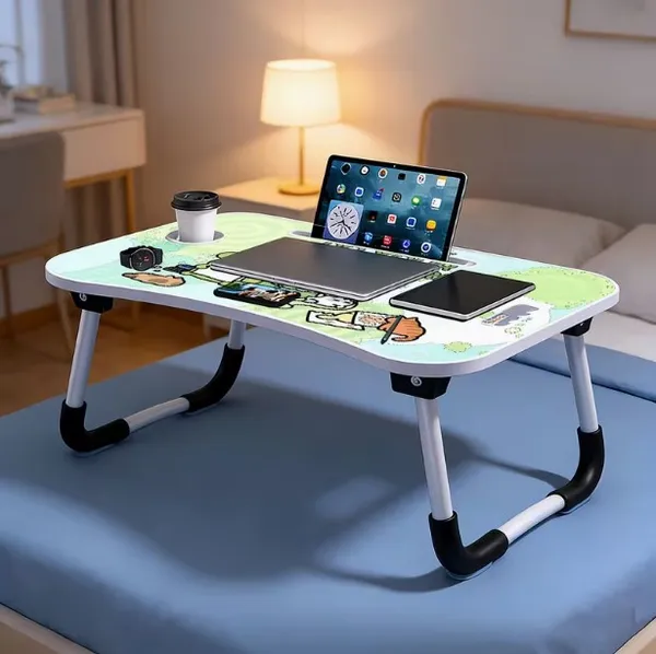 Foldable_Laptop_Bed_Table_With_Cup_Holder_And_Tablet_Slot_-_Study_Desk_For_Bed_And_Floor_(Green_Cartoon_Design)