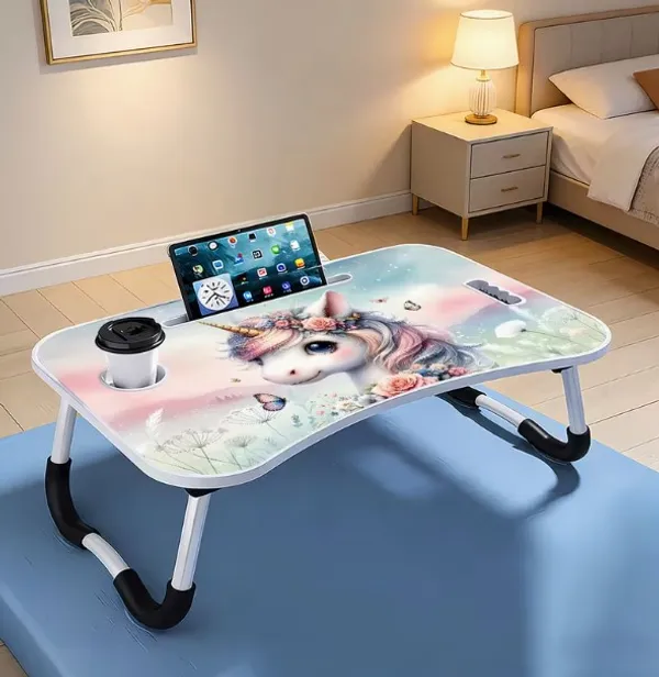 Unicorn_Printed_Foldable_Laptop_Table_With_Cup_Holder_And_Tablet_Slot
