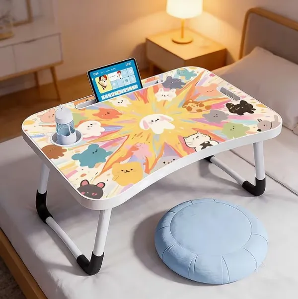 Portable_Foldable_Laptop_Bed_Table_With_Cup_Holder_And_Tablet_Slot_-_Cute_Animal_Print_Design
