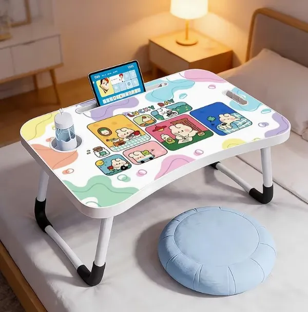 Portable_Foldable_Laptop_Bed_Table_With_Tablet_Holder_And_Cup_Slot_-_Colorful_Cartoon_Design
