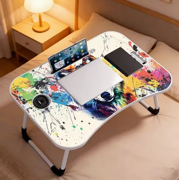 Colorful_Wolf_Art_Foldable_Laptop_Bed_Table_With_Cup_Holder_And_Tablet_Slot