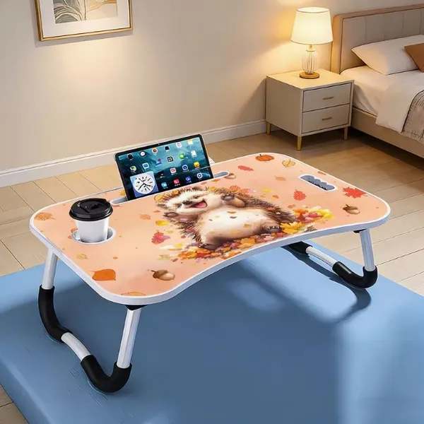 Portable_Laptop_Desk_With_Hedgehog_Design_-_Foldable_Bed_Table_With_Cup_Holder_And_Tablet_Slot