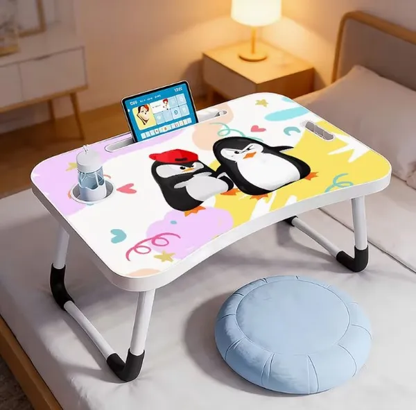 Penguin_Cartoon_Folding_Laptop_Bed_Table_With_Cup_Holder_And_Tablet_Slot