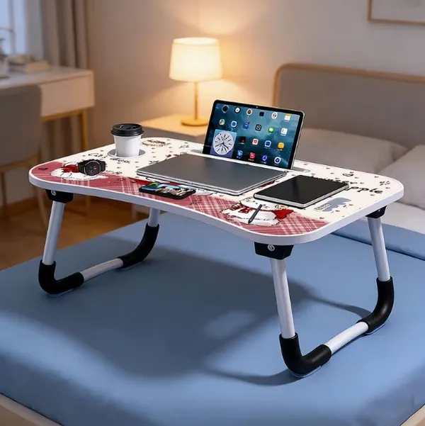 Foldable_Laptop_Bed_Table_With_Cup_Holder_And_Tablet_Slot_-_Cat_Dress_Theme_Design