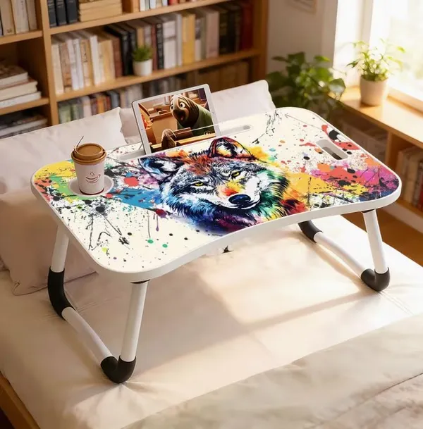 Colorful_Wolf_Art_Foldable_Laptop_Bed_Table_With_Cup_Holder_And_Tablet_Slot
