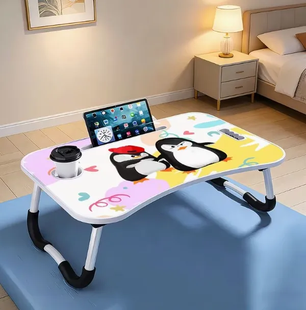 Penguin_Cartoon_Folding_Laptop_Bed_Table_With_Cup_Holder_And_Tablet_Slot