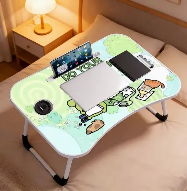 Foldable_Laptop_Bed_Table_With_Cup_Holder_And_Tablet_Slot_-_Study_Desk_For_Bed_And_Floor_(Green_Cartoon_Design)