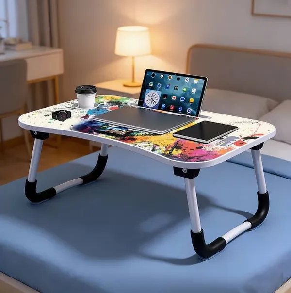 Colorful_Wolf_Art_Foldable_Laptop_Bed_Table_With_Cup_Holder_And_Tablet_Slot