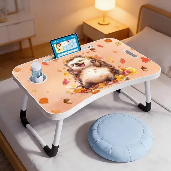 Portable_Laptop_Desk_With_Hedgehog_Design_-_Foldable_Bed_Table_With_Cup_Holder_And_Tablet_Slot