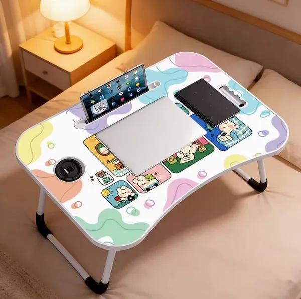 Portable_Foldable_Laptop_Bed_Table_With_Tablet_Holder_And_Cup_Slot_-_Colorful_Cartoon_Design