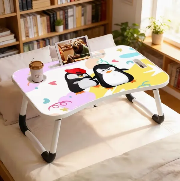 Penguin_Cartoon_Folding_Laptop_Bed_Table_With_Cup_Holder_And_Tablet_Slot