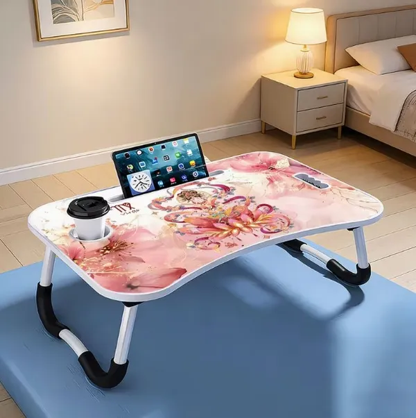 Foldable_Laptop_Table_With_Cup_Holder_And_Tablet_Slot_-_Pink_Floral_Design
