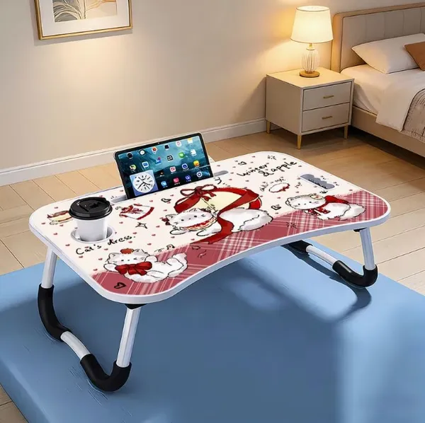 Foldable_Laptop_Bed_Table_With_Cup_Holder_And_Tablet_Slot_-_Cat_Dress_Theme_Design