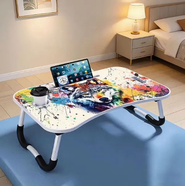 Colorful_Wolf_Art_Foldable_Laptop_Bed_Table_With_Cup_Holder_And_Tablet_Slot