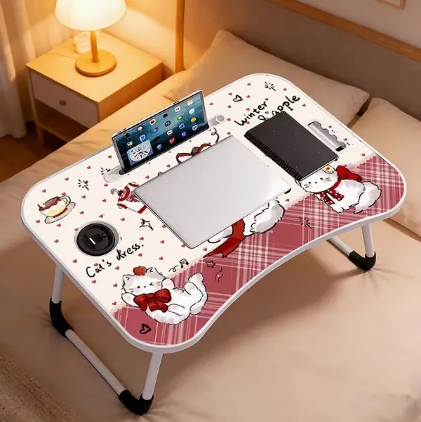 Foldable_Laptop_Bed_Table_With_Cup_Holder_And_Tablet_Slot_-_Cat_Dress_Theme_Design