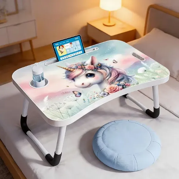 Unicorn_Printed_Foldable_Laptop_Table_With_Cup_Holder_And_Tablet_Slot