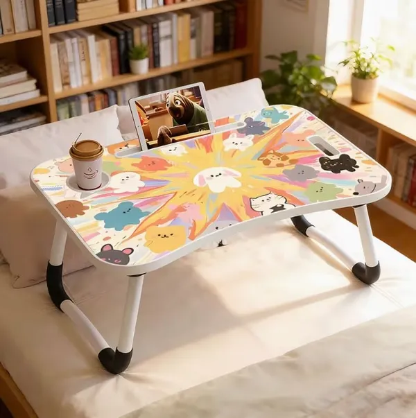 Portable_Foldable_Laptop_Bed_Table_With_Cup_Holder_And_Tablet_Slot_-_Cute_Animal_Print_Design