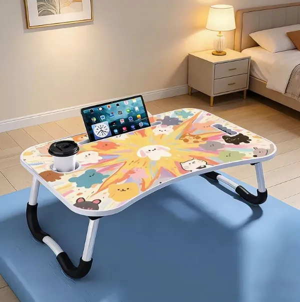 Portable_Foldable_Laptop_Bed_Table_With_Cup_Holder_And_Tablet_Slot_-_Cute_Animal_Print_Design