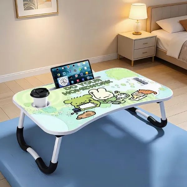 Foldable_Laptop_Bed_Table_With_Cup_Holder_And_Tablet_Slot_-_Study_Desk_For_Bed_And_Floor_(Green_Cartoon_Design)