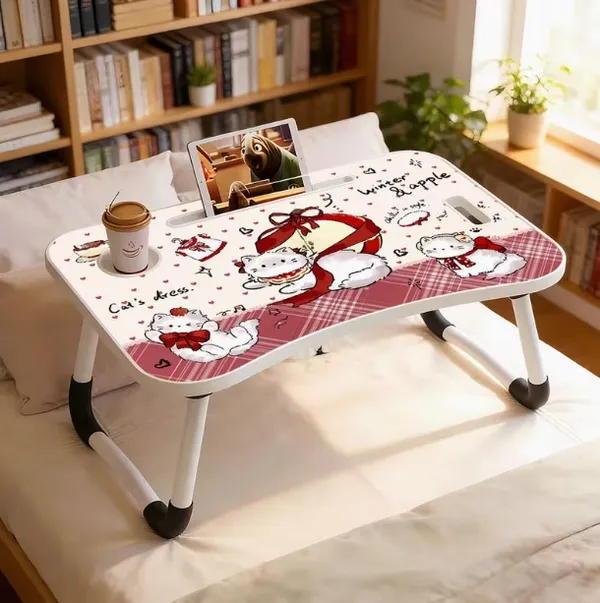 Foldable_Laptop_Bed_Table_With_Cup_Holder_And_Tablet_Slot_-_Cat_Dress_Theme_Design