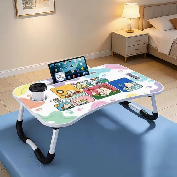 Portable_Foldable_Laptop_Bed_Table_With_Tablet_Holder_And_Cup_Slot_-_Colorful_Cartoon_Design