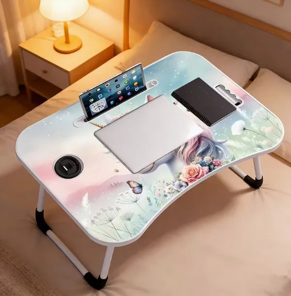 Unicorn_Printed_Foldable_Laptop_Table_With_Cup_Holder_And_Tablet_Slot