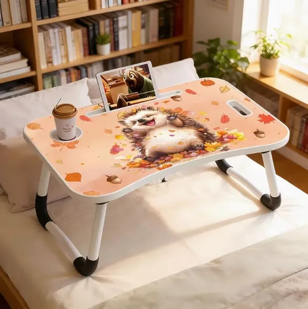Portable_Laptop_Desk_With_Hedgehog_Design_-_Foldable_Bed_Table_With_Cup_Holder_And_Tablet_Slot