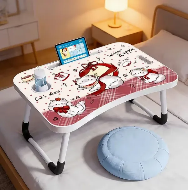 Foldable_Laptop_Bed_Table_With_Cup_Holder_And_Tablet_Slot_-_Cat_Dress_Theme_Design
