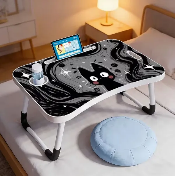 Foldable_Laptop_Desk_With_Black_Cat_Design_And_Storage_Compartments
