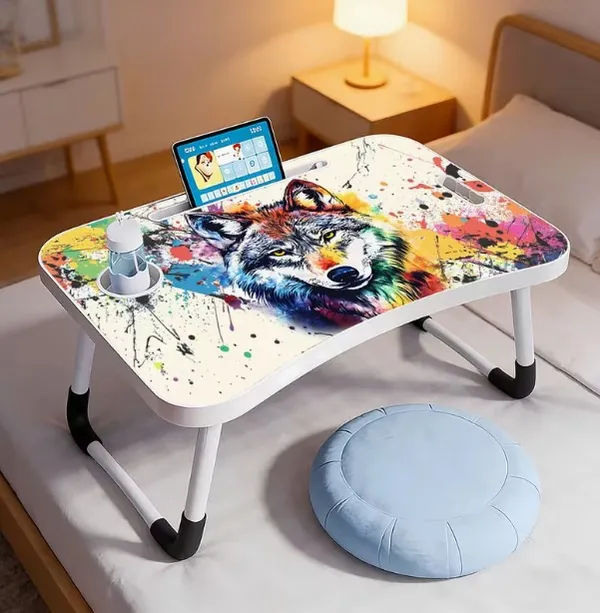 Colorful_Wolf_Art_Foldable_Laptop_Bed_Table_With_Cup_Holder_And_Tablet_Slot