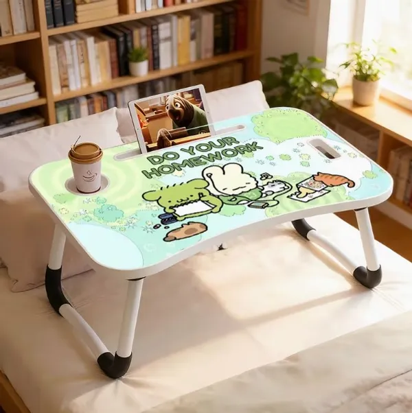 Foldable_Laptop_Bed_Table_With_Cup_Holder_And_Tablet_Slot_-_Study_Desk_For_Bed_And_Floor_(Green_Cartoon_Design)