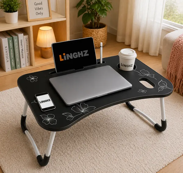 Linghz_Foldable_Laptop_Bed_Table_With_Cup_Holder_And_Phone_Slot_-_Black_Floral_Design